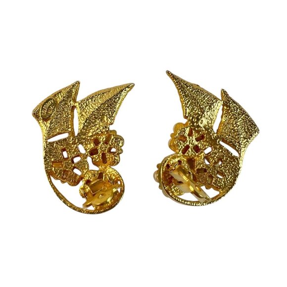 Vintage Celebrity NY Faux Pearl Gold Tone Floral Leaf Clip On Earrings - Picture 3 of 4